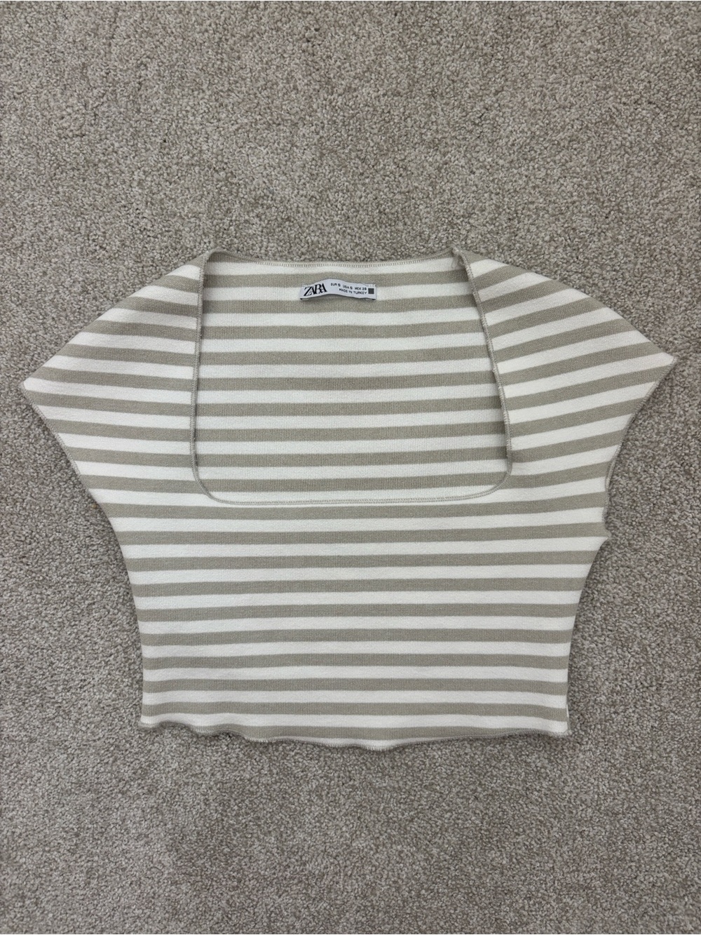 Zara Tan and White Striped Knit Cropped Top Size Small
